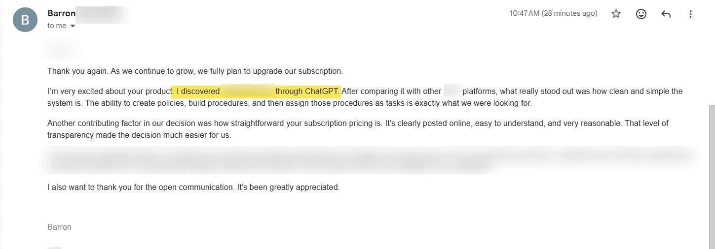 Email from Barron, a SweetProcess customer: 'I discovered SweetProcess through ChatGPT. After comparing it with other platforms, what really stood out was how clean and simple the system is.'