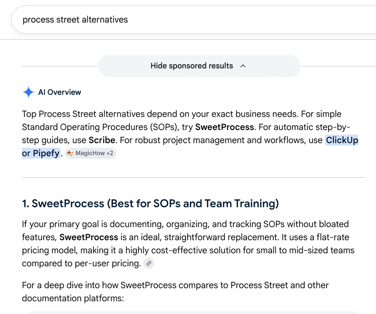 Google search for 'process street alternatives'. The AI Overview says: for simple Standard Operating Procedures, try SweetProcess, then names Scribe, ClickUp and Pipefy.