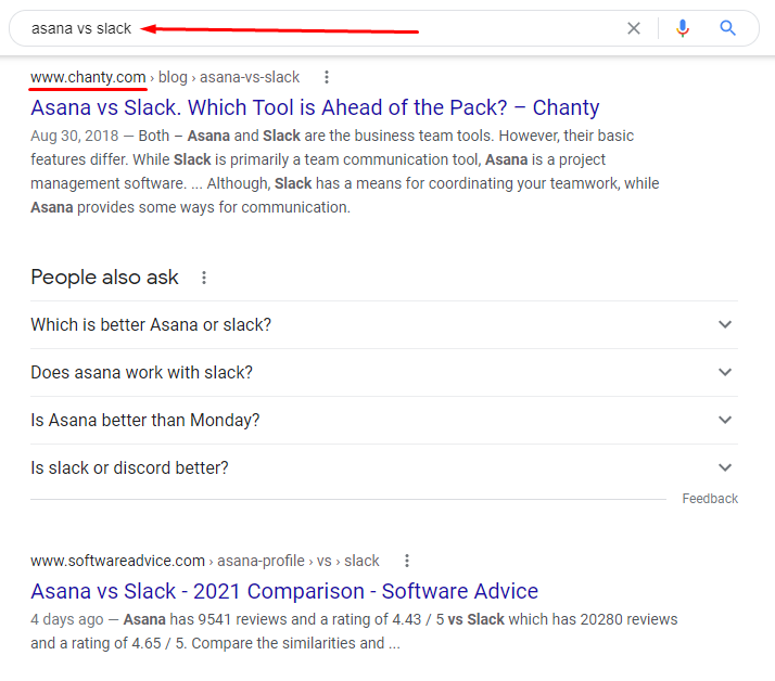 Asana vs Slack Google search
