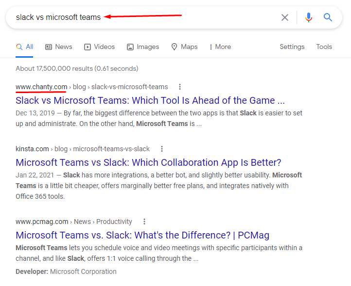 Slack vs Microsoft teams Google search