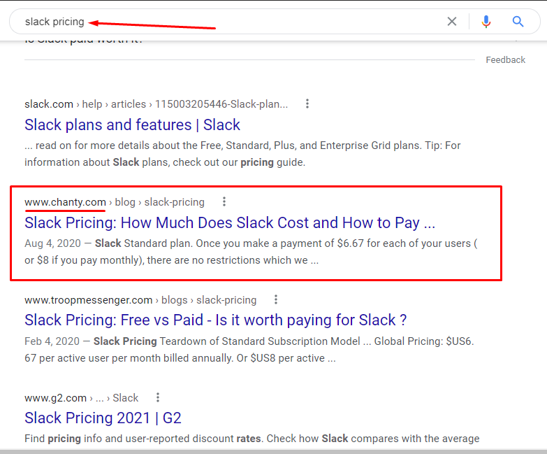 Slack pricing Google search