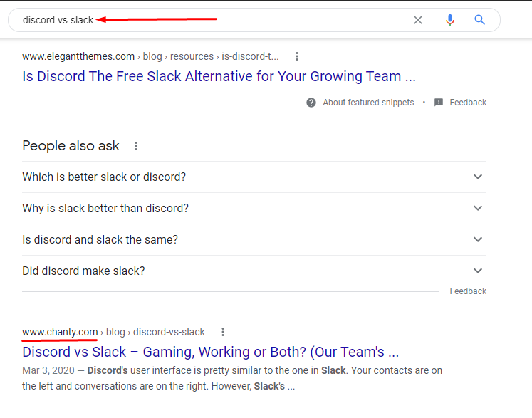 Discord vs Slack Google search