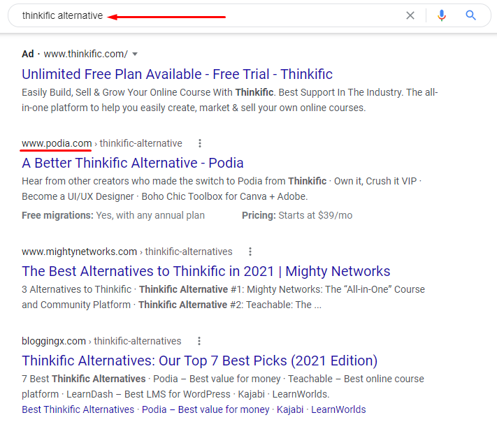 Thinkific alternative Google search