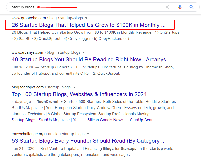 Groove’s startup post ranking number 1 on Google