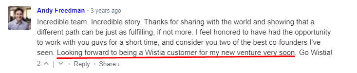 Readers converting into customers from Wistia’s post