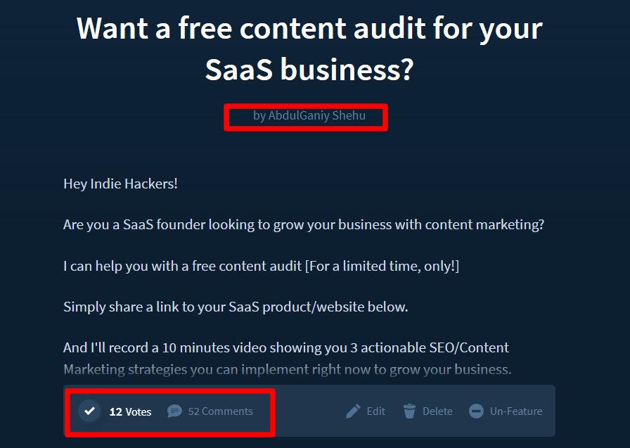 free content audit on Indie Hackers