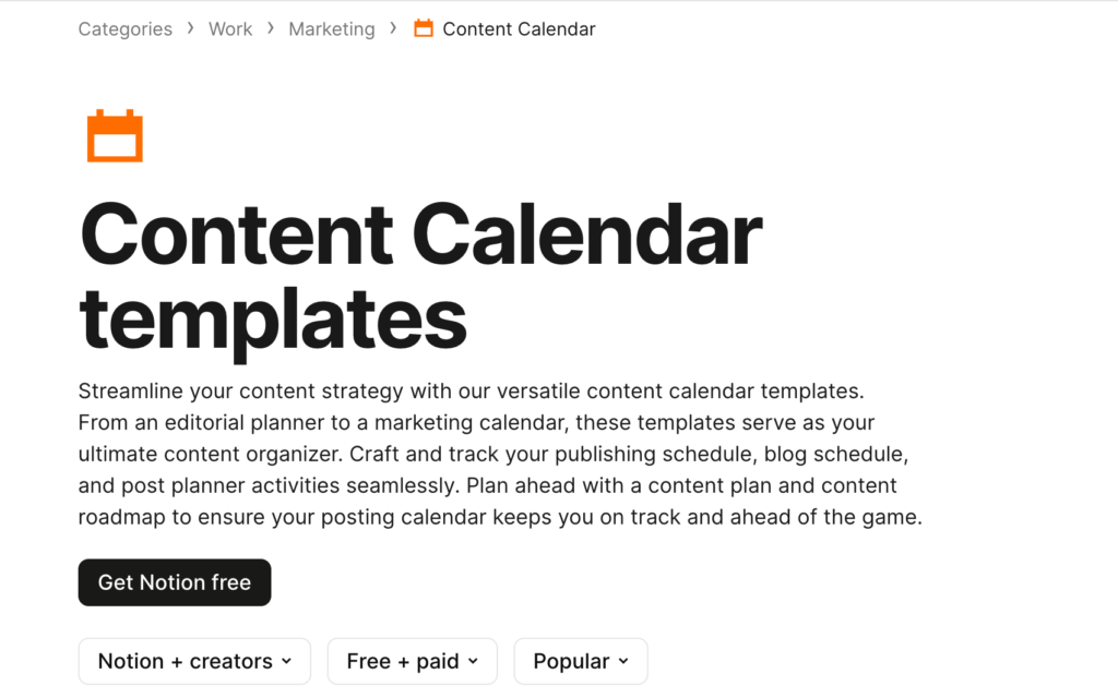 dedicated page showing the template preview