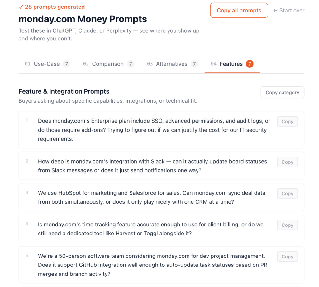 Interface Displaying Feature and integration prompts for Monday.com:
