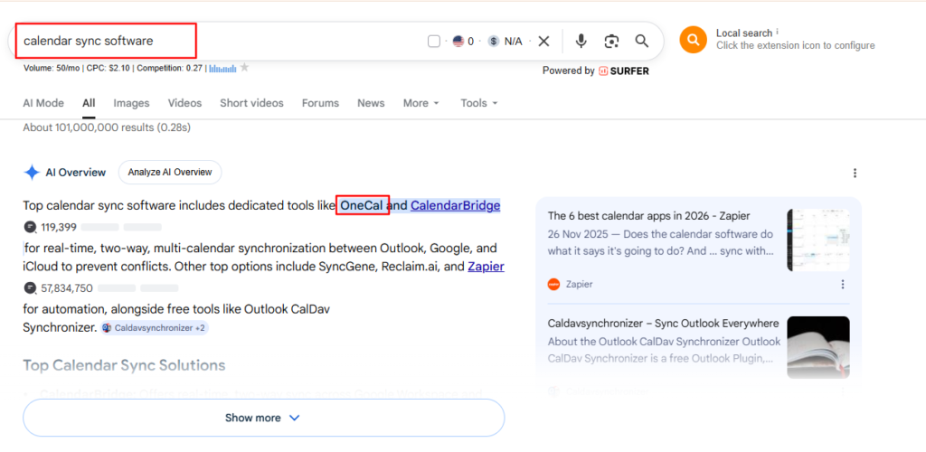 Google search keyword "Calendar Sync Software" AI Overviw