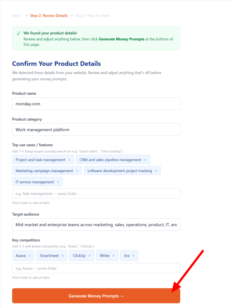 Form Interface  to confirm product details