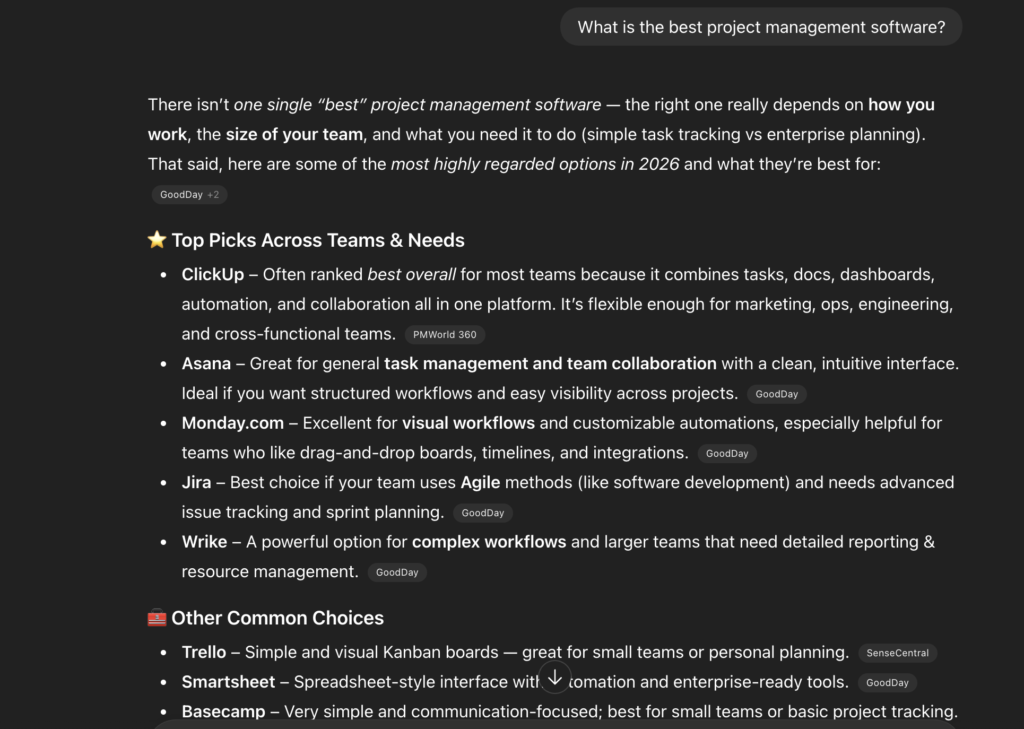 ChatGPT response showing Smartsheet in the "Other Common Choices" section