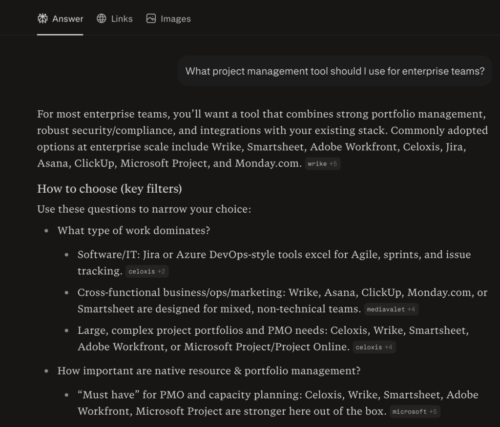 Perplexity response for enterprise PM tools showing sources