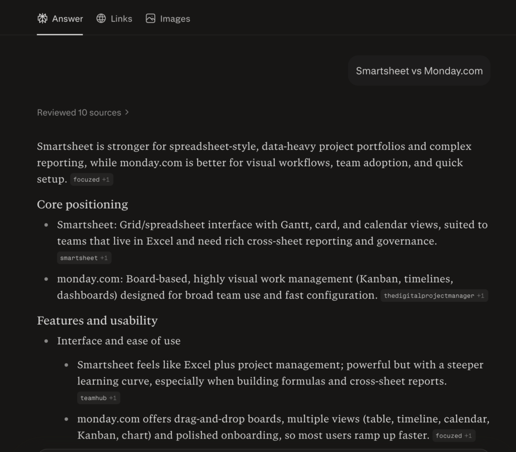 Perplexity response for Smartsheet vs Monday.com showing sources