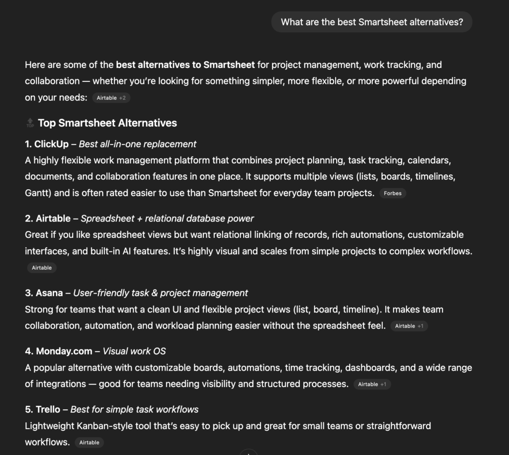 Perplexity response for Smartsheet alternatives