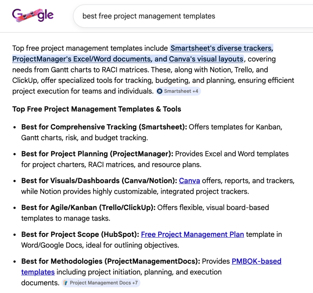 Google AI Overview for templates query showing Smartsheet #1