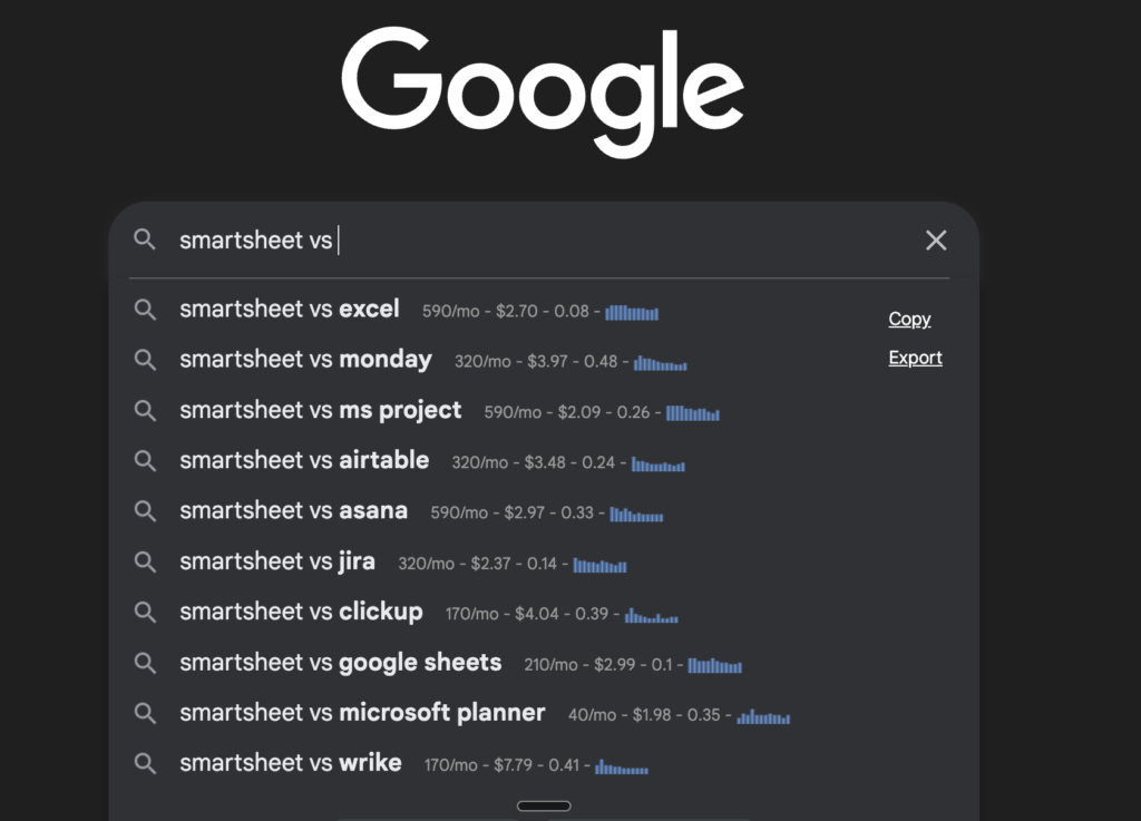 Google Build out Smartsheet vs [Competitor] pages for every major matchup: