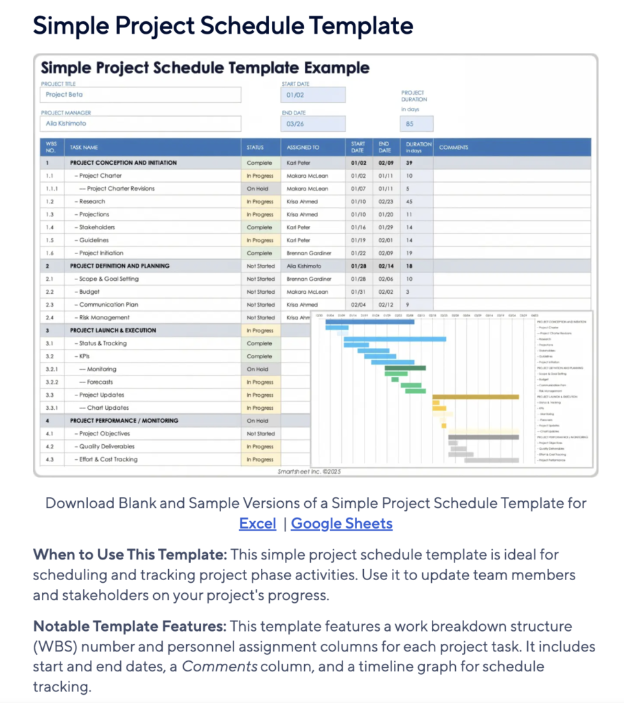 Sample version of simple project schedule template excel of Smartsheet