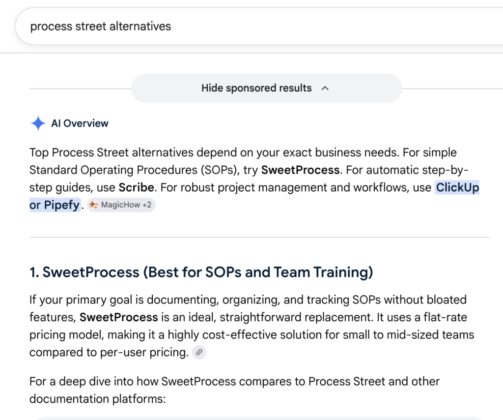 Google AI overview recommends SweetProcess as a Process Street alternative